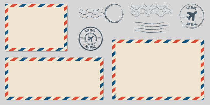 Postcard envelope template set. Greeting card stamps postal services red blue frame fast delivery air ships stylish retro design empty blank graphic template.