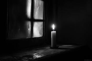 A Lit Candle by a Window in a Dark Room