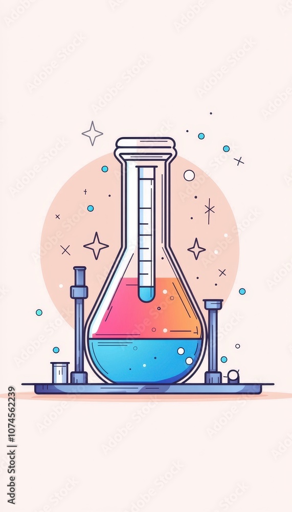Poster explore the vibrant world of cartoon flat design featuring a science lab flask with colorful liquid 