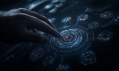 A futuristic hand interacts with a holographic interface featuring glowing nodes and intricate patterns, suggesting advanced technology or data manipulation.