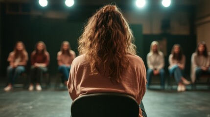 In a stage setting, a person is seen from the back observing participants seated under the bright spotlights, focusing on evaluation and performance dynamics.