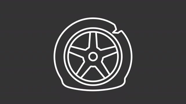 Animated deflated tire white icon. Wheel puncture white line animation. Flat tire concept. Vehicle repair service. Isolated illustration on dark background. Transition alpha video. Motion graphic