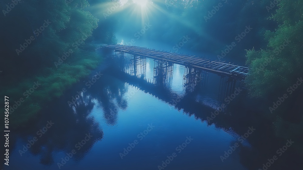 Poster a serene scene shows silhouetted figures crossing a bridge over a calm, reflective river surrounded 