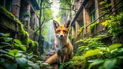 Fototapeta premium Urban Exploration Photography of a Fox in the Forest, Capturing the Alertness and Natural Habitat of Wildlife in an Urban Environment Amidst Overgrown Flora and Fauna