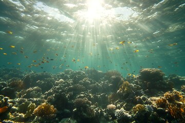 Obraz premium Vibrant coral reef with clown fish and lots of other colorful fish in tropical waters of Red Sea and light rays shining through from above of the water surface