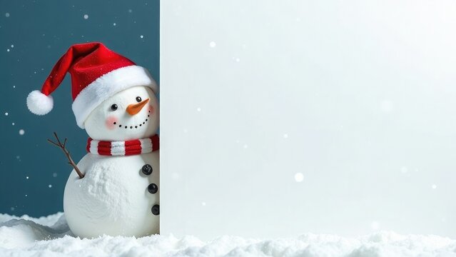 cheerful Christmas snowman in a Santa Claus hat with a carrot nose peeks out from behind a mock up white sheet of paper with empty copy space for text and greetings. Advertising, promotion, message