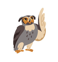 Wise professor eagle owl explains lecture. Cute clever bird pointing with wing and tells speech. Academic owlet, feathered animal speaks smth. Flat isolated vector illustration on white background
