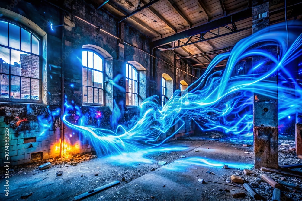 Poster urban exploration with dynamic blue particle effects capturing the essence of city life in motion an