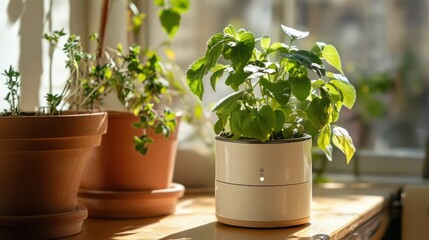 Self-watering plant device, perfect for travel needs, next to potted plant, bright home,