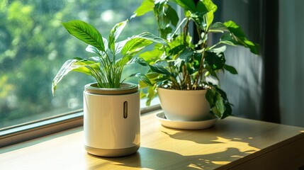 Self-watering plant device, perfect for travel needs, next to potted plant, bright home,