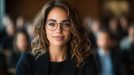 A smiling woman wearing chic glasses and a black outfit attends a meeting, exuding charm and professional flair in a collaborative and engaging setting.