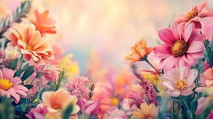 Fototapeta premium Vibrant spring blossoms in a colorful garden setting, spring background with space for text
