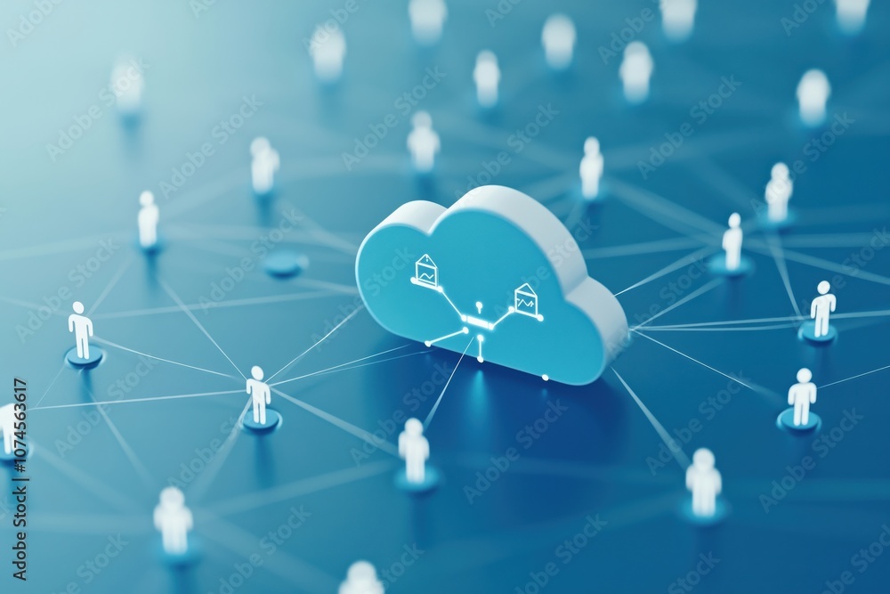 Poster cloud computing network with connected users and data icons