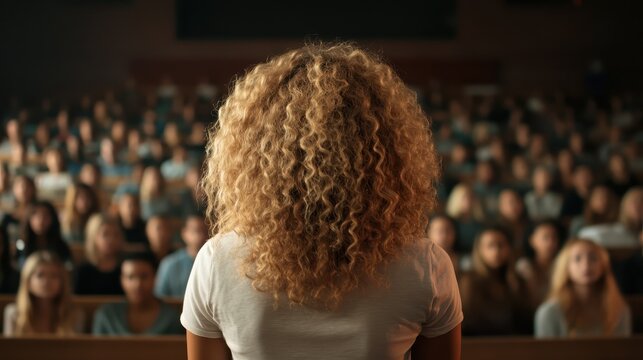 A woman with pronounced curly hair stands before a crowded room, delivering an impactful presentation, emphasizing eloquence and connection in a professional setting.