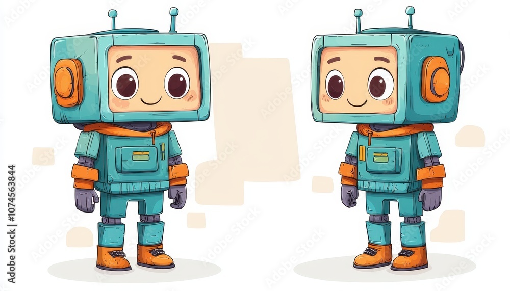 Poster create engaging cartoon robot characters with flat design for children's books and text illustration