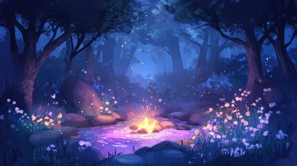 Night forest with glowing stream, firelight, enchanted atmosphere.