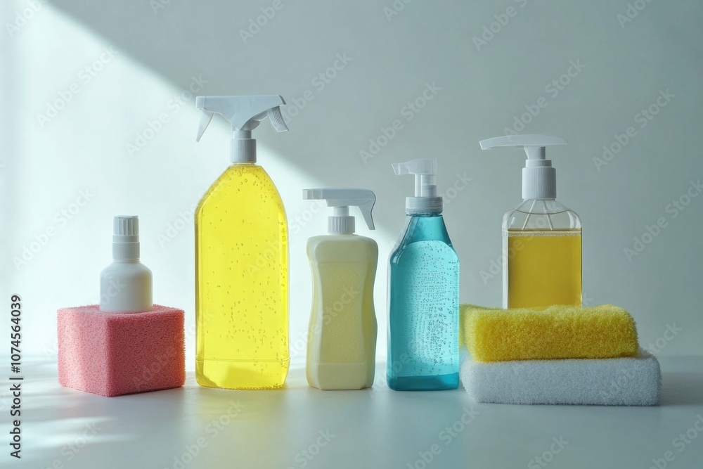 Aufkleber a collection of various cleaning products arranged on a table, suitable for use in editorial or comm