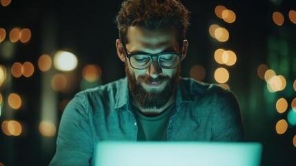 A focused man wearing glasses works on his laptop at night, illuminated by soft lights, embodying dedication, technology, and creativity in a serene environment.