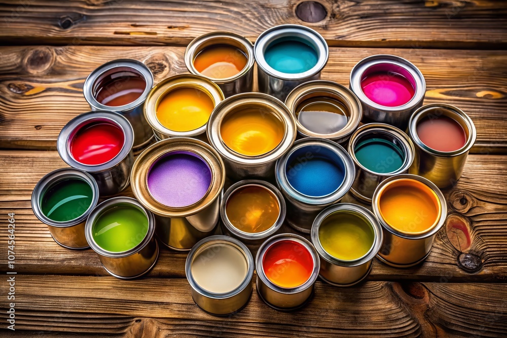 Poster vibrant array of colorful paint cans displayed elegantly on a wooden surface, showcasing a spectrum 