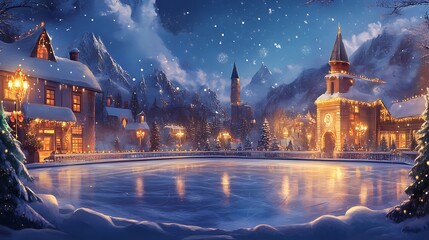 Obraz premium A Winter Village Scene with a Frozen Lake and Snowy Mountains