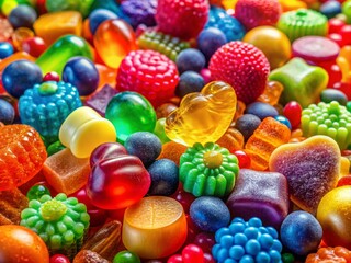 Fototapeta premium Vibrant Array of Colorful Candies: A Macro Photography Delight Showcasing Rainbow Jelly Beans and Chewy Gummy Bears in a Sweet Wonderland