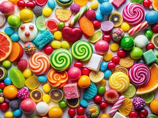 Fototapeta premium Vibrant assortment of colorful candies arranged on a clean white background, showcasing a delightful variety of shapes and flavors perfect for candy lovers and dessert enthusiasts.