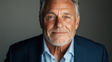 A serene portrait of an older man with gray hair wearing a blazer, having a gentle smile and conveying warmth and reliability against a neutral backdrop.
