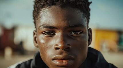 A young man with a serious expression and deep gaze stands outdoors, bathed in sunlight, conveying introspection and depth amidst a natural backdrop.