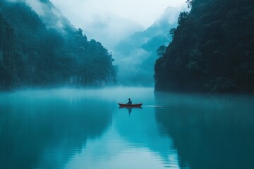 Fototapeta premium Serene Mist-Covered Lake with Rowing Boat - Stunning Landscape Photography