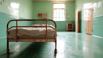 A vintage hospital room with mint green walls, showcasing an old iron bed and revealing an atmosphere of historical nostalgia and faded institutional charm.