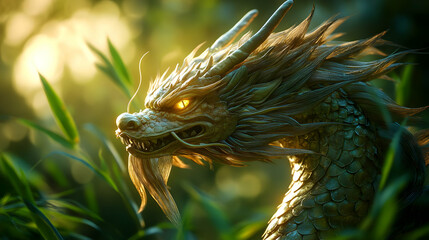 Golden Dragon Head Illustration in Lush Green Foliage