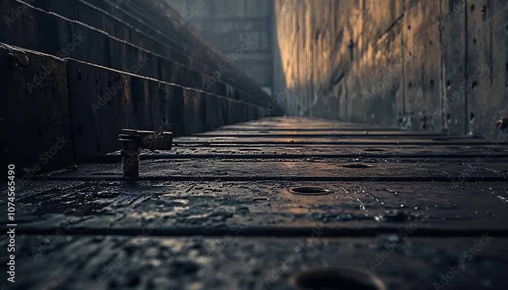 Poster A close-up view of wet wooden planks in a dimly lit corridor, highlighting textures and the play of light and shadows along the walls.