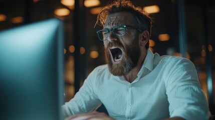 A bearded man in glasses exhibits intense frustration and stress while yelling at a computer screen, highlighting the emotive impact of technological challenges in modern life.