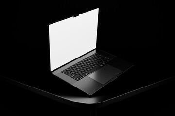 black laptop in dark theme. Blank white screen laptop mockup