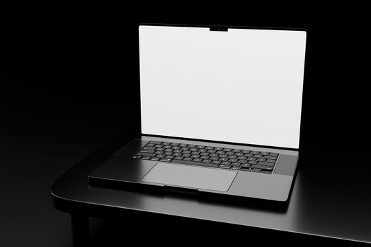 black laptop in dark theme. Blank white screen laptop mockup