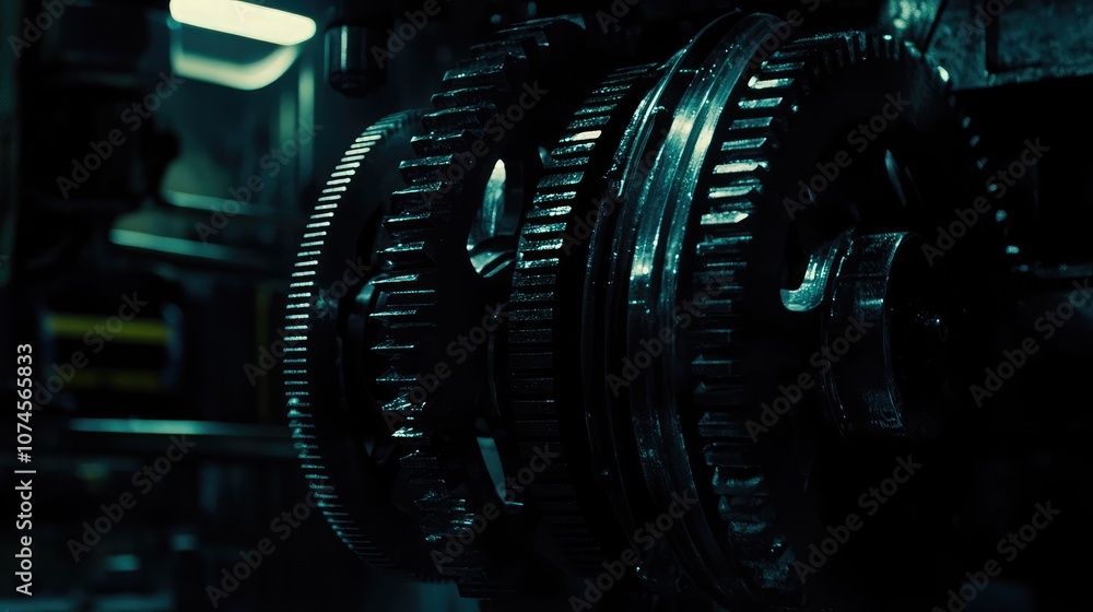 Poster industrial gears in motion with dramatic lighting and shadow play, capturing the detailed mechanisms