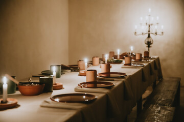 Medieval Banquet Room with Candlelit Long Dining Table