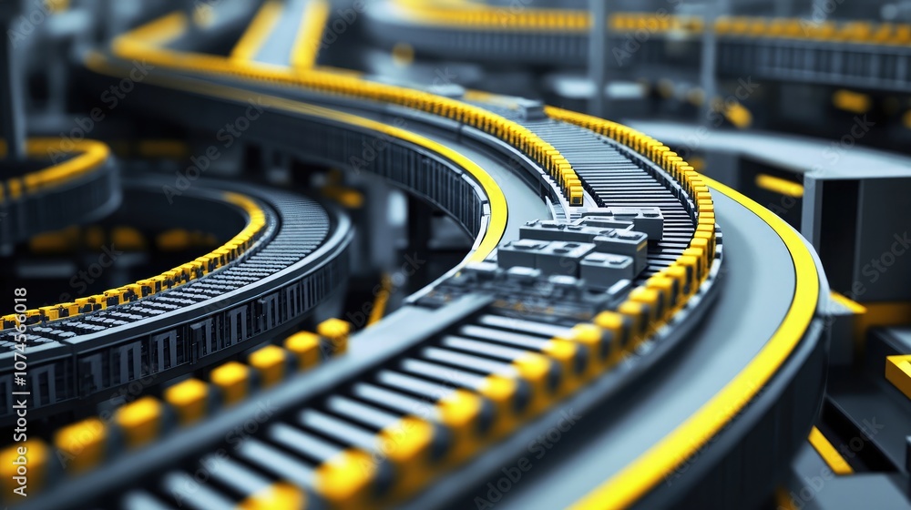 Aufkleber high-tech conveyor belt system in a modern warehouse featuring dynamic curved tracks and efficient c