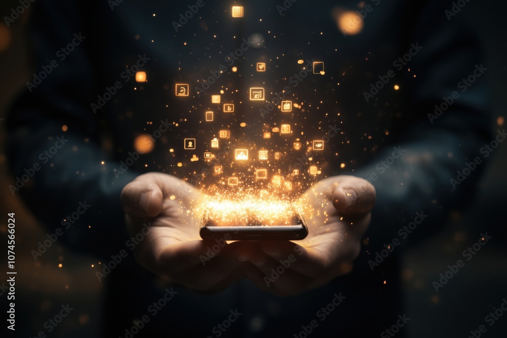 Poster smartphone displaying glowing digital icons and data streams, hands holding device