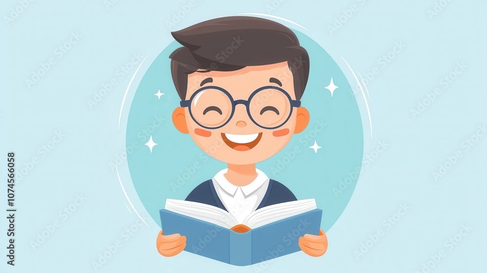 Poster explore the joy of learning with a happy cartoon character reading a colorful textbook design