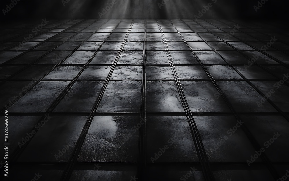 Poster a dark, textured floor with wet tiles reflecting light, creating a moody and atmospheric effect.