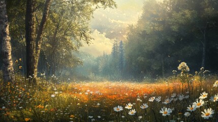 Fototapeta premium A blooming meadow fades to brown, symbolizing how seasons blur due to climate shifts. --ar 16:9 --v 6.1 Job ID: 8022a543-4907-45a3-9264-000dd8ff5e28