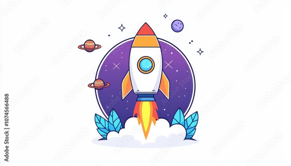 Poster explore the universe with a colorful cartoon rocket ship launching into outer space in a flat design