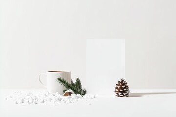 Minimalist Christmas mockup with a blank card, a cup of coffee, snow-like decoration, and pine branches against a white background, evoking a calm and festive winter atmosphere