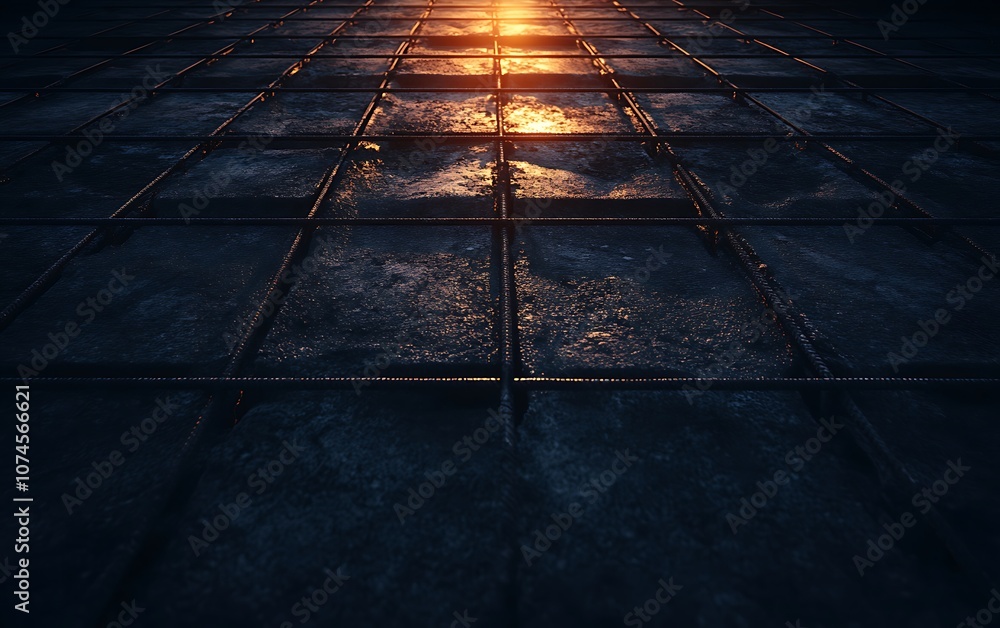 Poster a dimly lit surface reflects warm sunlight, creating a serene atmosphere with a textured grid patter