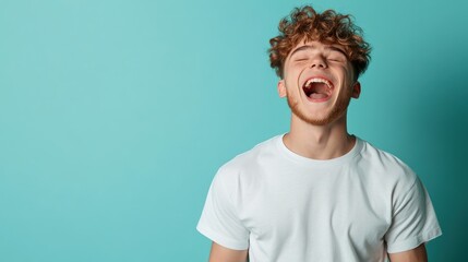 A young bearded man with curly hair is captured mid-laughter, mouth wide open, against a solid blue background, conveying uninhibited joy and youthful exuberance.