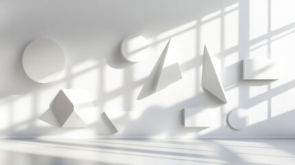 Abstract Composition of Geometric Shapes Casting Shadows on a Minimalist Wall, Creating a Play of Light and Form in a Modern Interior Space