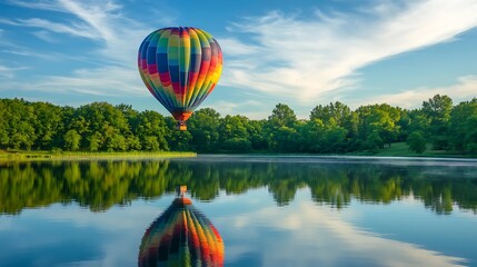 Hot air balloon flying over lake