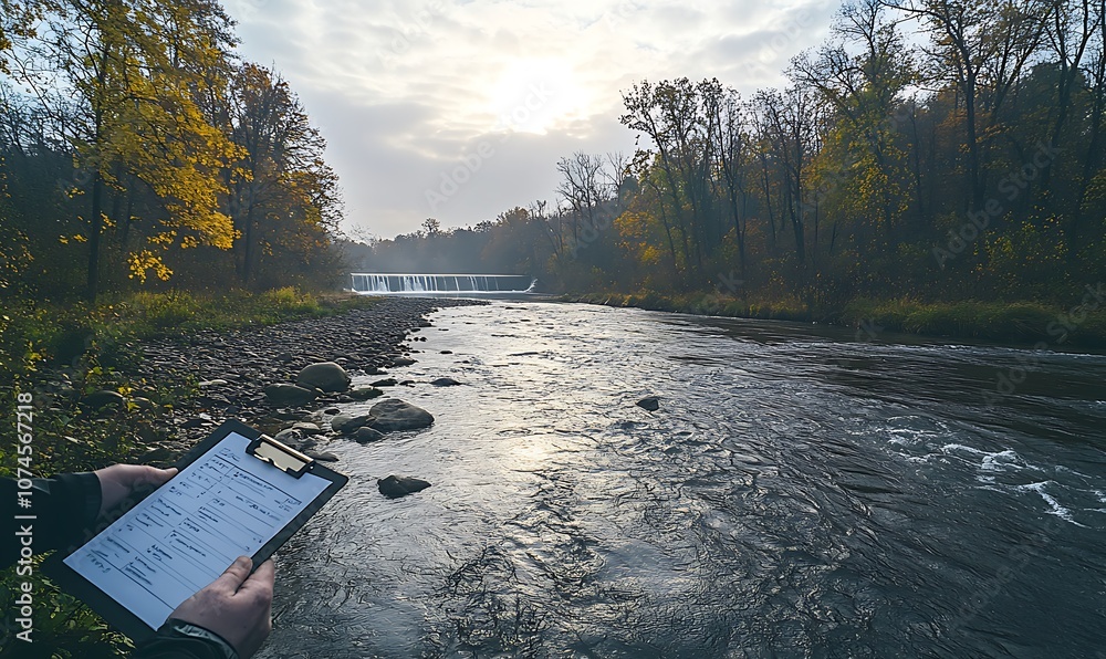 Poster a serene landscape with a river, surrounded by trees, as a person with a clipboard observes the envi