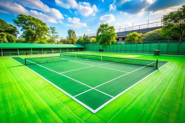Vibrant Green Tennis Court Surface with Left Position Main Subject and Ample Copy Space for Marketing or Promotional Use in Sports or Athletic Themes